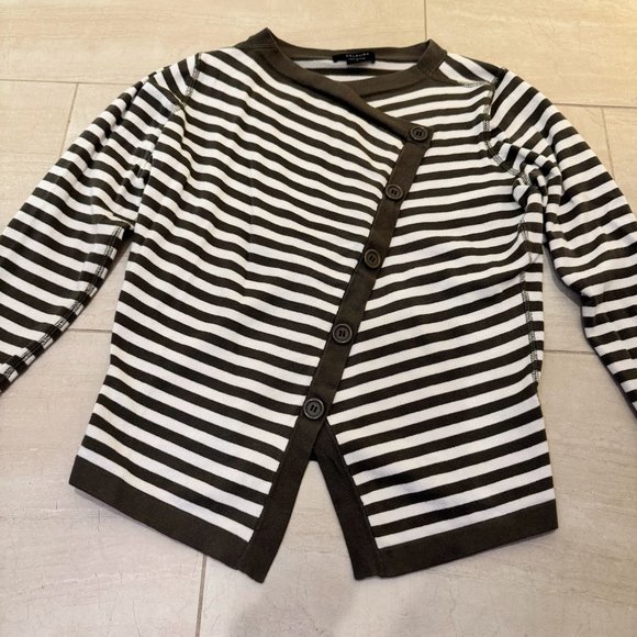 Mel & Lisa Asymmetrical Green Cream Stripes Cotton Sweater Diagonal Buttons V SM - Picture 1 of 9